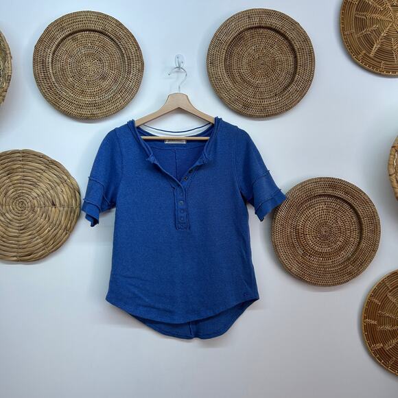 Free People Blue Button Henley Knit Shirt Top Large Casual - Picture 1 of 9